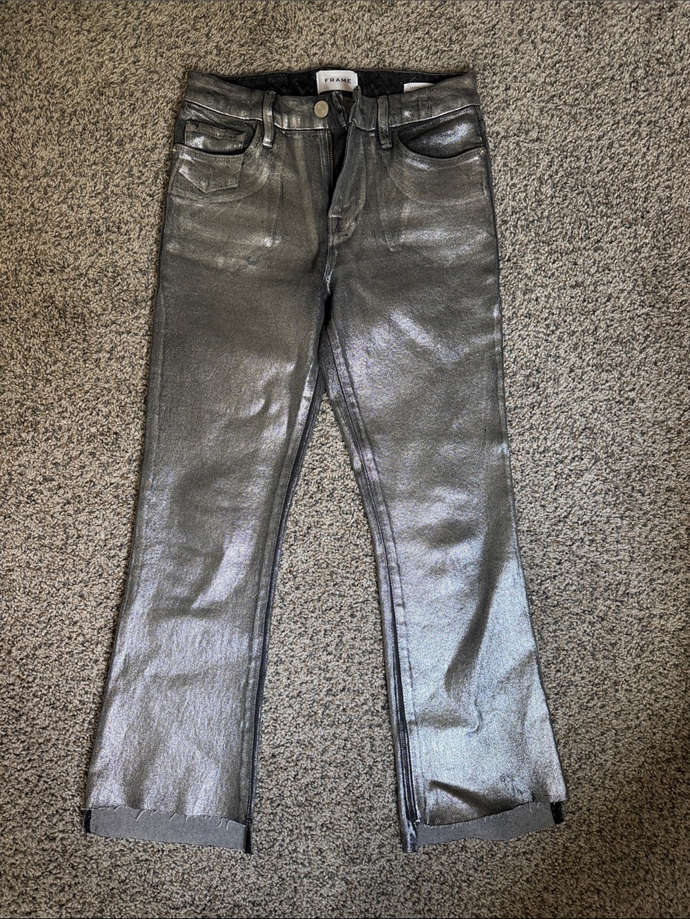 Frame Denim Metallic Silver Straight-Leg Jeans